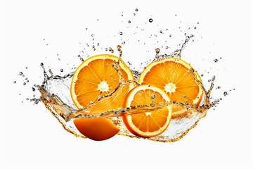 orange slices plus orange liquid color splash on isolated white. Generative ai