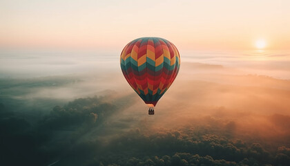 Poster - Multi colored hot air balloon soars high in the bright sky generated by AI