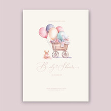 Cute Baby Shower Watercolor Invitation Card For Baby And Kids New Born Celebration With Toys And Balloons.
