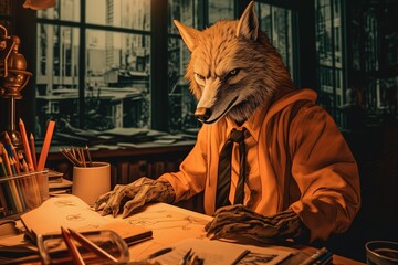 Wall Mural - a person clad in a wolf costume and seated at a desk.