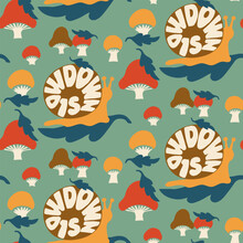 Psychedelic Lettering Positive Seamless Pattern Inside Snail. Slogan Slow Down. Groovy Typographic Illustration With Mushrooms And Leaves. Perfect For Decoration, Background, Kids Textile, Wrapping