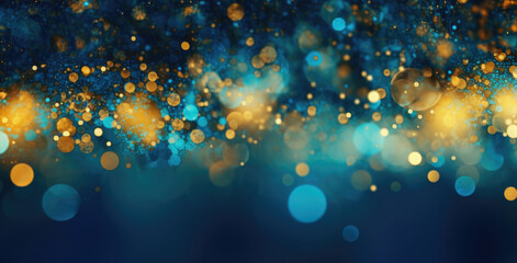 Background with abstract sparkles on blue background. Golden glitter particles on dark background. Abstract festive background. Created with Generative AI