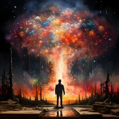 Wall Mural - man looks at the night sky with colorful clouds