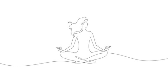 Wall Mural - Continuous one line drawing. Woman sitting cross legged meditating. Vector illustration. 