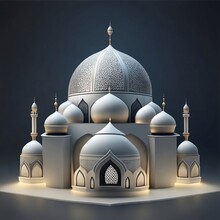 Illustration Of A Lit Up Model Of A Mosque With A Silver Dome On Gradient Background, By Generative Ai