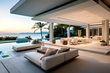 Wall Mural - modern living room with pool and ocean view