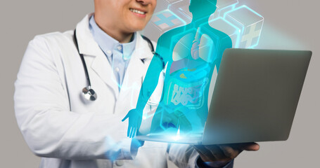 Fototapete - Unrecognizable doctor using laptop, study patient health data