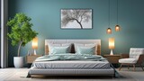 Fototapeta  - Contemporary bedroom interior in white and blue colors, with wall frame 3d render. Created with generative AI.