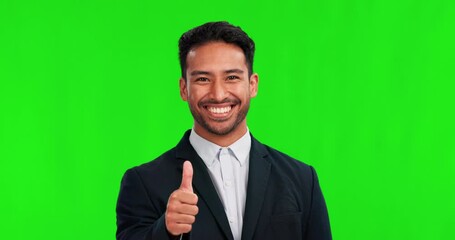 Sticker - Business man, thumbs up and smile on green screen for support, thank you and motivation. Portrait of professional asian person on studio background with hand sign or like emoji for review or feedback