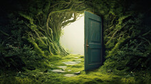 Generative Ai Illustration Of A Green Door In A Magic Forest To An Unknown World