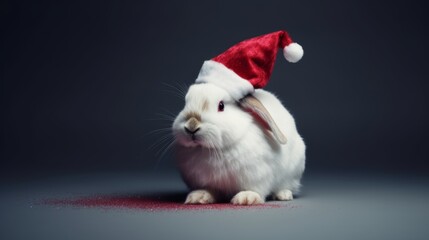 Wall Mural - Merry-Hopping Cottontail: Rabbit in a Santa Hat Celebrates the Joyous Season