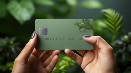 Close up of female hands holding a credit card with green leaves in background. Generative AI.