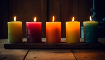 Wall Mural - Glowing candle illuminates dark table, symbol of spirituality and relaxation generated by AI