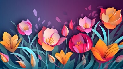 Wall Mural - Spring background with crocuses and tulips. Spring or summer illustration.