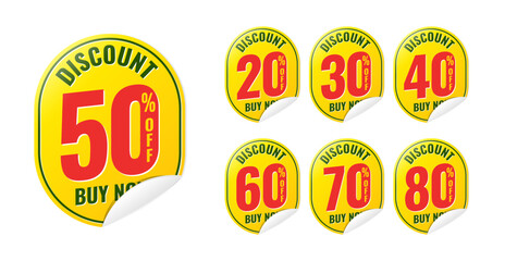 Discount buy now label pop-up banner yellow stickers with different sale percentage. 20, 30, 40, 50, 60, 70, 80 percent off price reduction badge promotion design emblem set vector illustration.