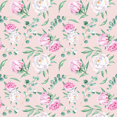  Seamless watercolor pattern with white and pink peonies, eucalyptus branches on pink background. Can be used for wedding prints, gift wrapping paper, kitchen textile and fabric prints.