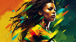 © Alexandre - Ilustração criativa, vibrante e dinâmica da jogadora de futebol feminino com estádio visível ao fundo. Projeto conceitual para a Copa do Mundo Feminina da FIFA, cores do brasil