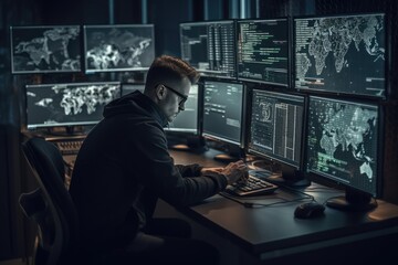 Programmer working at their computer, surrounded by monitors displaying code. Generative AI