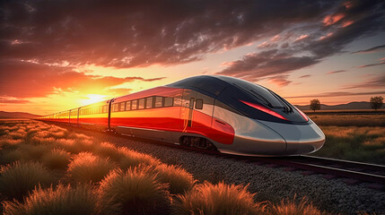 Poster - A high-speed train is driving at full speed in the countryside. AI-generated image