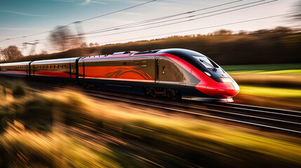 Poster - A high-speed train is driving at full speed in the countryside. AI-generated image