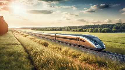 Wall Mural - The high-speed train is driving at full speed in the countryside. AI-generated image