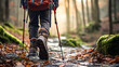 Close-up of legs of person in hiking shoes walking in the forest, using hiking sticks. Healthy lifestyle. 