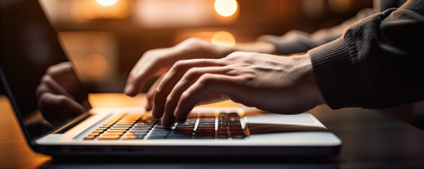 Closely. The hands of a businessman type on the laptop keyboard. generative ai