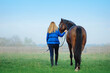 Horse and woman walking away to the field