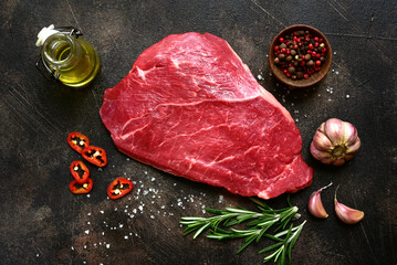 Poster - Raw organic beef steak with spices . Top view with copy space.