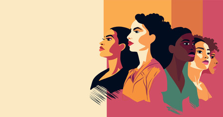 Vector creative banner place for text International Women's Day women of different cultures and nationalities stand side by side together. the concept of the movement for gender equality and the empow
