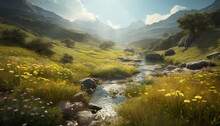 Tranquil Mountain Meadow Reflects Idyllic Beauty In Nature Freshness Generated By AI