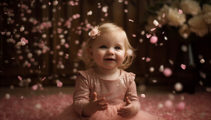 Poster - Smiling baby girl playing outdoors in pink dress, enjoying nature generated by AI