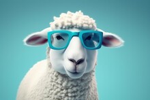 Funny Cute Sheep In Sunglasses With Happy Emotion. AI Generated, Human Enhanced