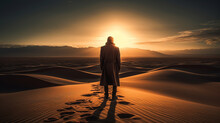 Sunlit Majesty: Epic Man With Sahara Desert As The Breathtaking Background