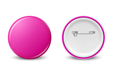 Vector Realistic Pink Round Blank Empty Button Badge Set Closeup Isolated on White Background, Front, Back View. Button Pin Badge Design Template. Brooch Pin for Branding, Mockup