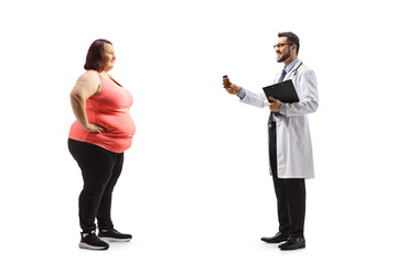 Sticker - Full length profile shot of a doctor giving a bottle of pills to an overweight young woman