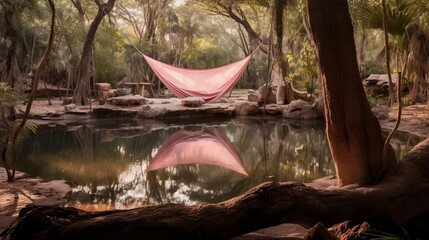 Wall Mural - pink tent in a lagoon, with wooden poles surrounded by nature, thick jungle with a lagoon in front