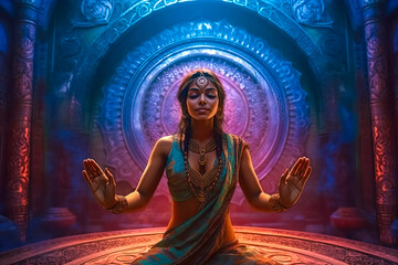 Wall Mural - Illustration of beautiful young Indian woman meditation on esoteric shine background . Generative AI