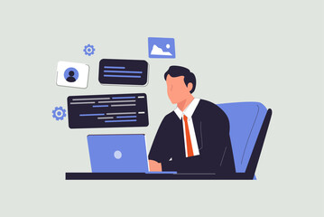 Wall Mural - cartoon handsome character casual man seat at desk working on laptop. a developer of project team en
