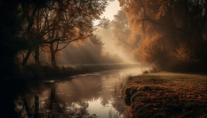 Canvas Print - Tranquil autumn forest, foggy mystery, yellow leaves, serene reflection, beauty generated by AI