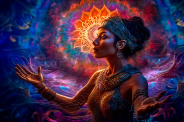 Wall Mural - Illustration of beautiful young Indian woman meditation on esoteric shine background . Generative AI