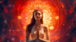 Illustration of beautiful young Indian woman meditation on esoteric shine background . Generative AI
