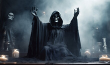 Ghost Halloween Death Horror Hood Fear Skeleton Evil Creepy Night. Generative AI.