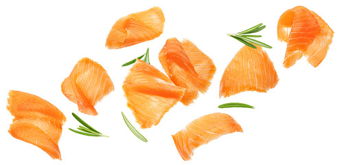 Wall Mural - falling salmon slices isolated isolated on white background