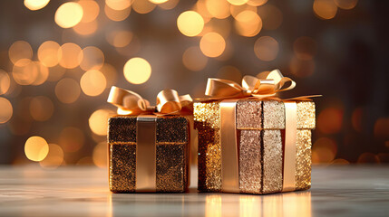 Wall Mural - Festive background, two sparkling gold gift boxes, with gold gradient background and bokeh. AI generated