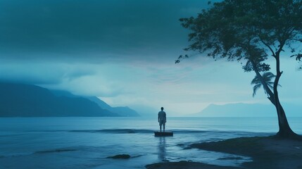 Wall Mural - lonely man observing the immense nature, meditating tranquility and zen state