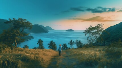 Wall Mural - lonely man with a beautiful landscape enjoying the view of the sea, on the rocks a cloudy sky about to get dark