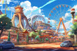 theme amusement park with roller coasters anime style background wallpaper image