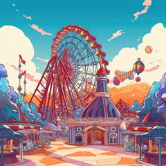 Wall Mural - theme amusement park with roller coasters anime style background