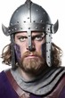 photography portrait headroom Norse Medieval Knight wearing purple helmet 25 solid white background intense stare 8K high detail 